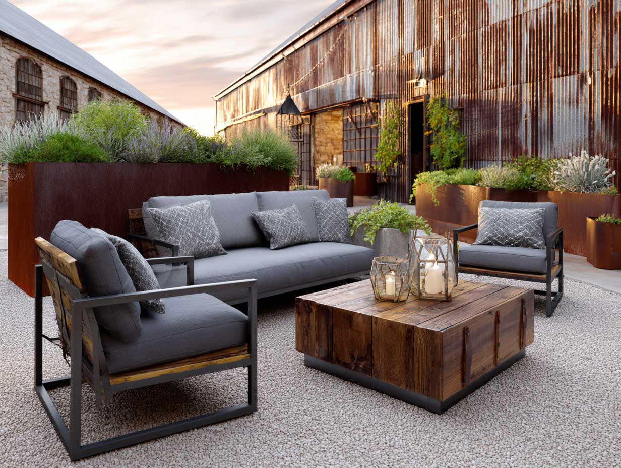 gray steel and reclaimed wood patio furniture on an open garden patio, gravel flooring, rusted metal planter boxes, aged barn wall background, warm sunset light, industrial rustic mix, full-body wide-angle shot