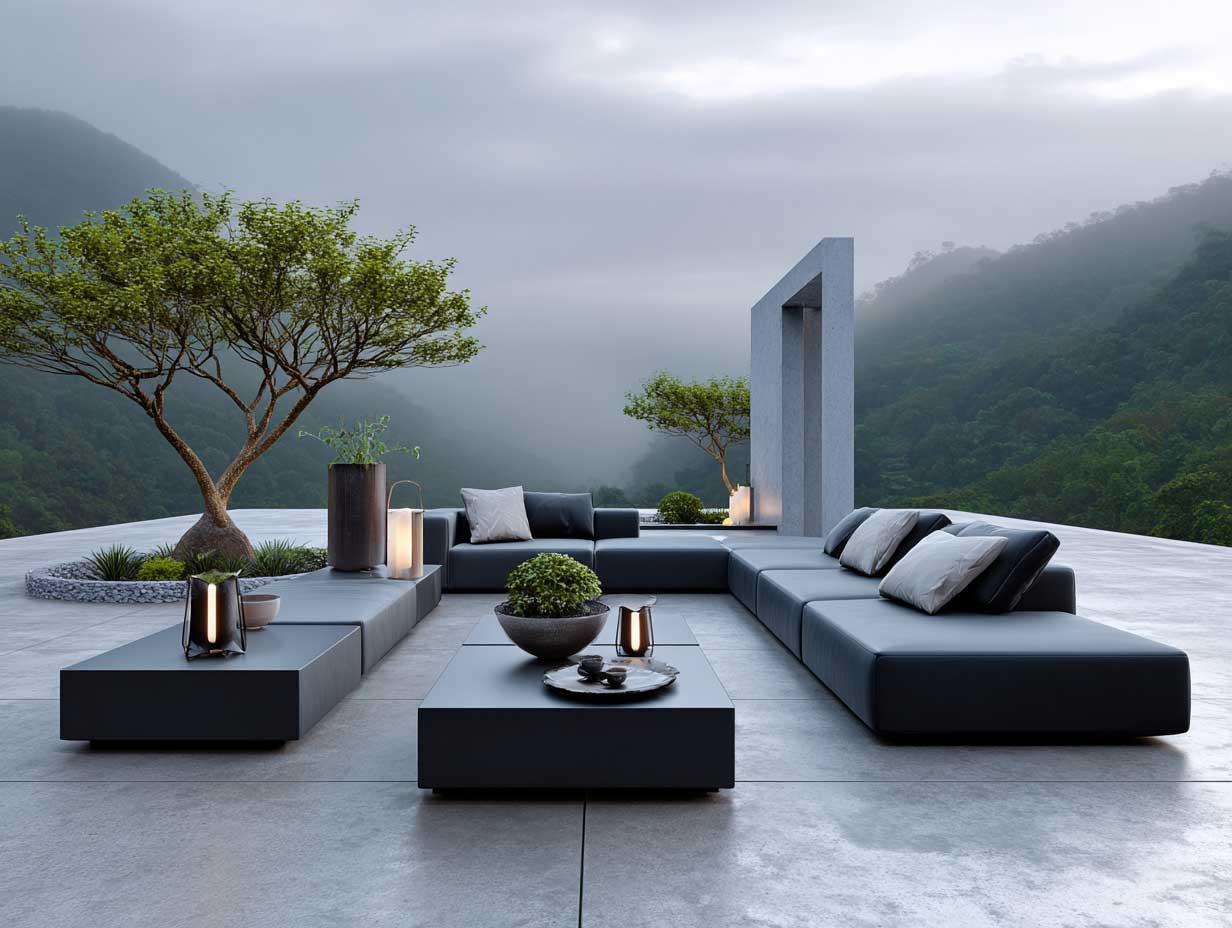 floating modular black patio furniture on a seamless concrete patio overlooking foggy mountains, geometric silhouettes, minimalist Japanese garden elements, low-profile seating, modern outdoor lighting, full-length scene, 8k photo-realism