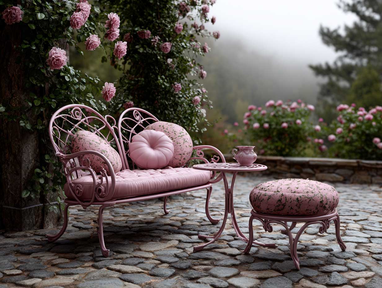 vintage pink wrought iron patio furniture in a formal English garden, antique floral cushions, ornate curved details, climbing roses, cobblestone ground, soft morning light, misty atmosphere, romantic aesthetic, full-length outdoor scene