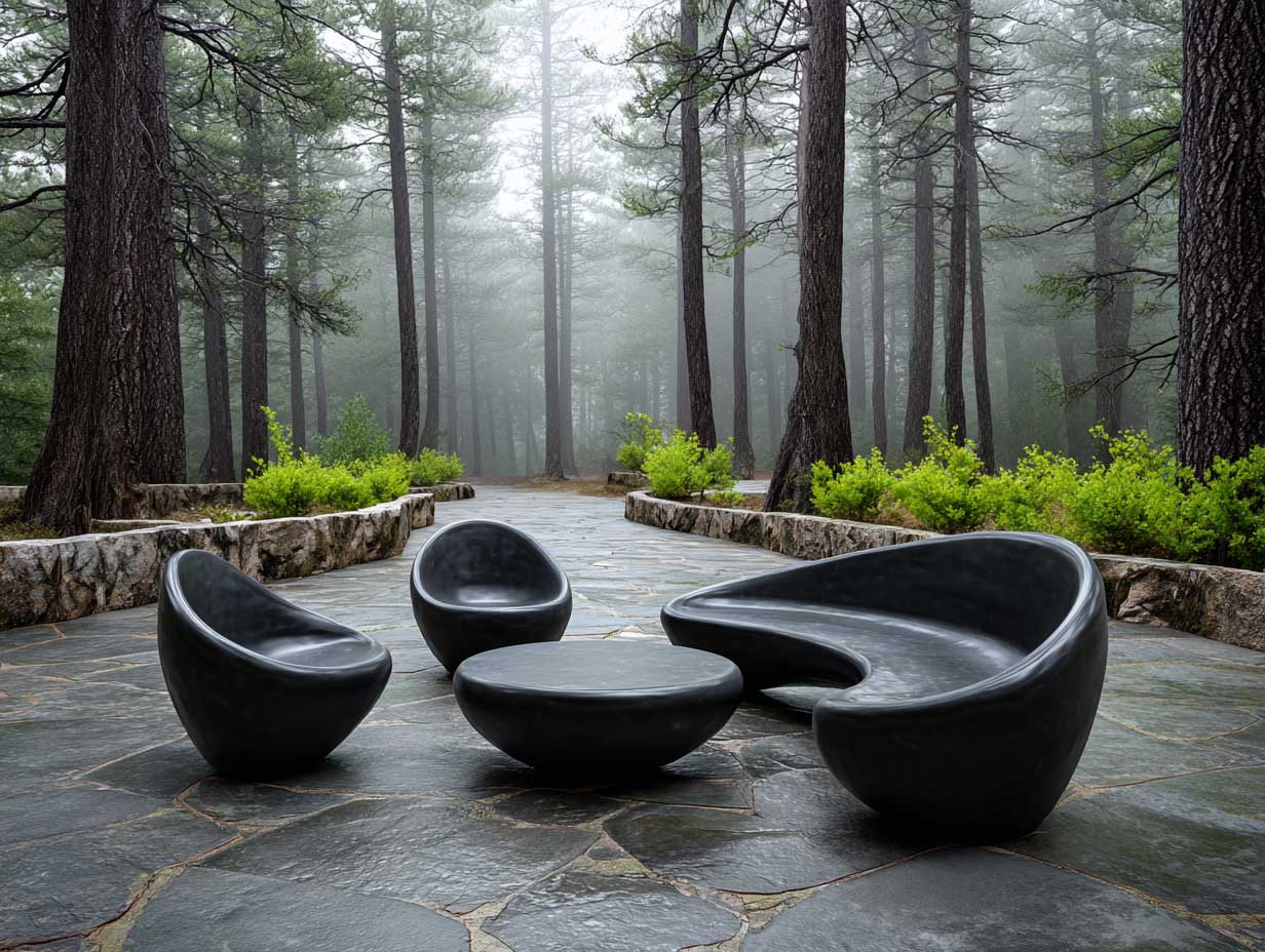 sculptural black patio furniture in a forest patio surrounded by tall pine trees, minimalist curved shapes, raw stone floor, nature blending modernism, foggy background, Scandinavian outdoor design, ultra-detailed, cinematic lighting, full-length view