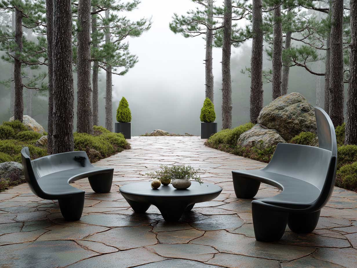 sculptural black patio furniture in a forest patio surrounded by tall pine trees, minimalist curved shapes, raw stone floor, nature blending modernism, foggy background, Scandinavian outdoor design, ultra-detailed, cinematic lighting, full-length view