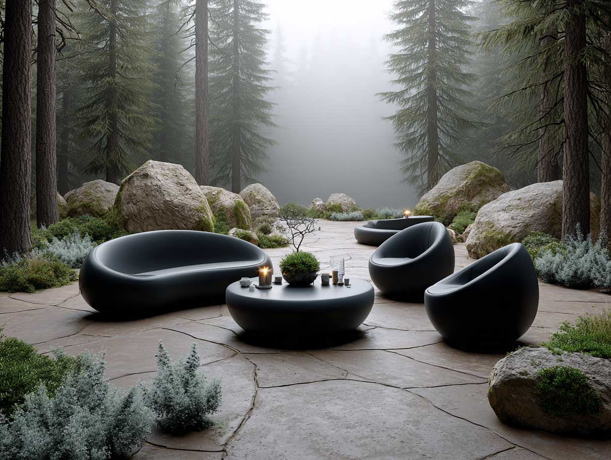 sculptural black patio furniture in a forest patio surrounded by tall pine trees, minimalist curved shapes, raw stone floor, nature blending modernism, foggy background, Scandinavian outdoor design, ultra-detailed, cinematic lighting, full-length view