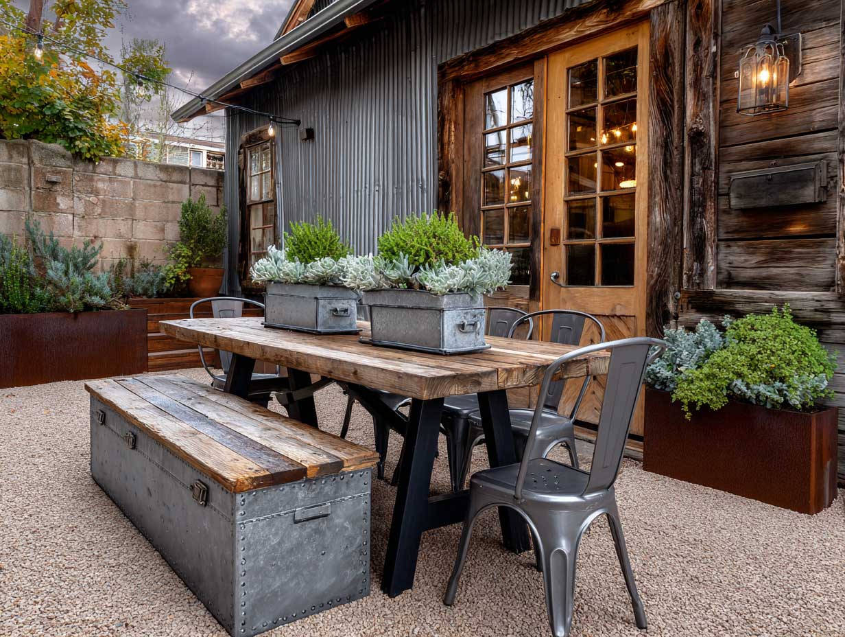 gray steel and reclaimed wood patio furniture on an open garden patio, gravel flooring, rusted metal planter boxes, aged barn wall background, warm sunset light, industrial rustic mix, full-body wide-angle shot