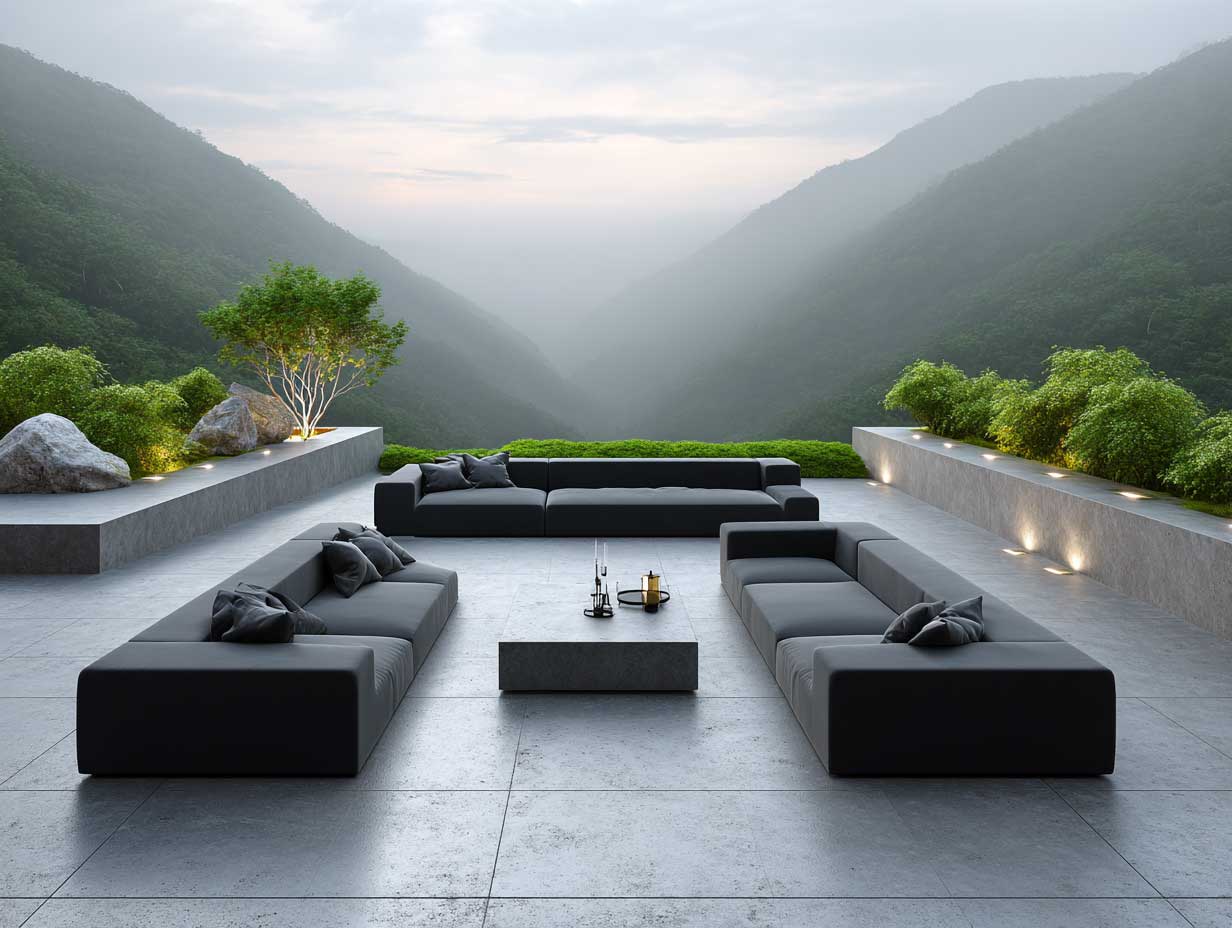 floating modular black patio furniture on a seamless concrete patio overlooking foggy mountains, geometric silhouettes, minimalist Japanese garden elements, low-profile seating, modern outdoor lighting, full-length scene, 8k photo-realism