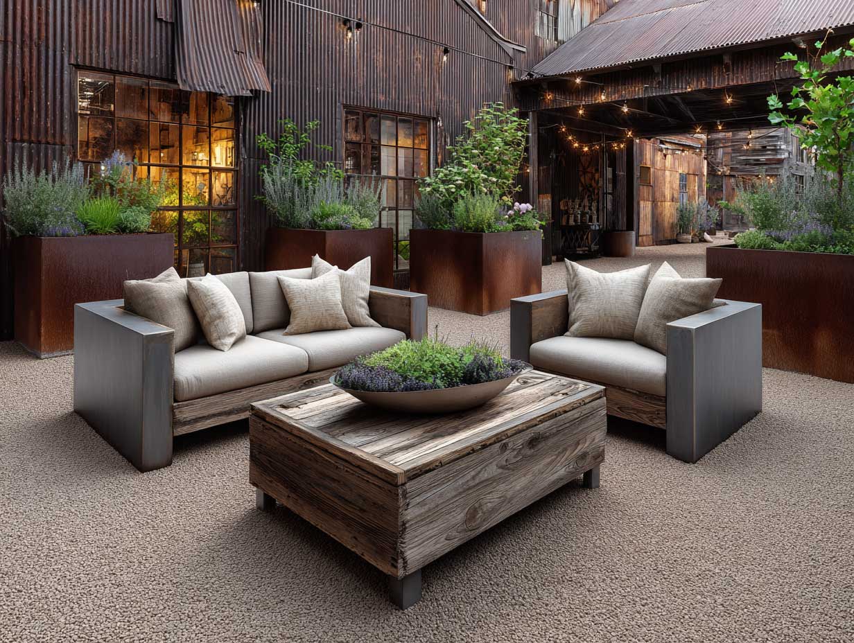 gray steel and reclaimed wood patio furniture on an open garden patio, gravel flooring, rusted metal planter boxes, aged barn wall background, warm sunset light, industrial rustic mix, full-body wide-angle shot