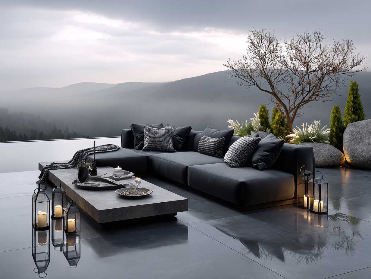 floating modular black patio furniture on a seamless concrete patio overlooking foggy mountains, geometric silhouettes, minimalist Japanese garden elements, low-profile seating, modern outdoor lighting, full-length scene, 8k photo-realism