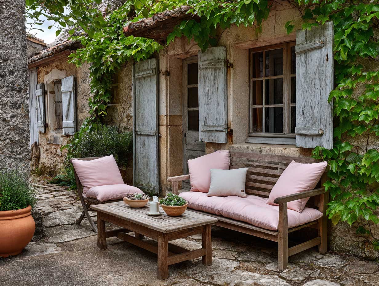 vintage pink wooden patio furniture outside a rustic French cottage, soft linen cushions, weathered shutters, ivy-covered stone walls, terracotta pots, overcast sky, calm rustic ambiance, charming textures, full-scene countryside garden