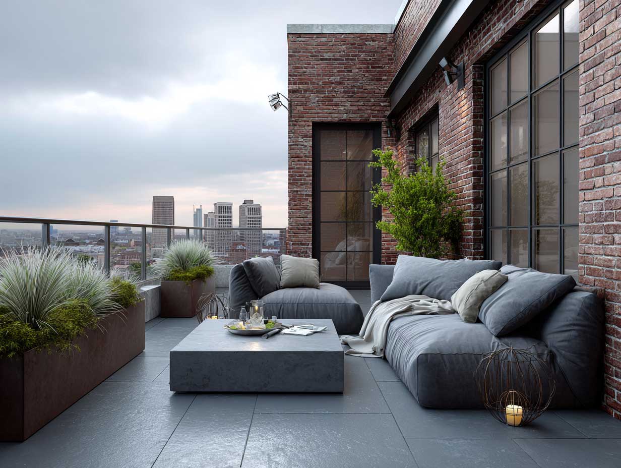 industrial gray concrete patio furniture in a rooftop loft terrace, exposed brick wall, urban skyline in the background, matte gray textures, minimalist steel planters, clear glass railings, moody evening light