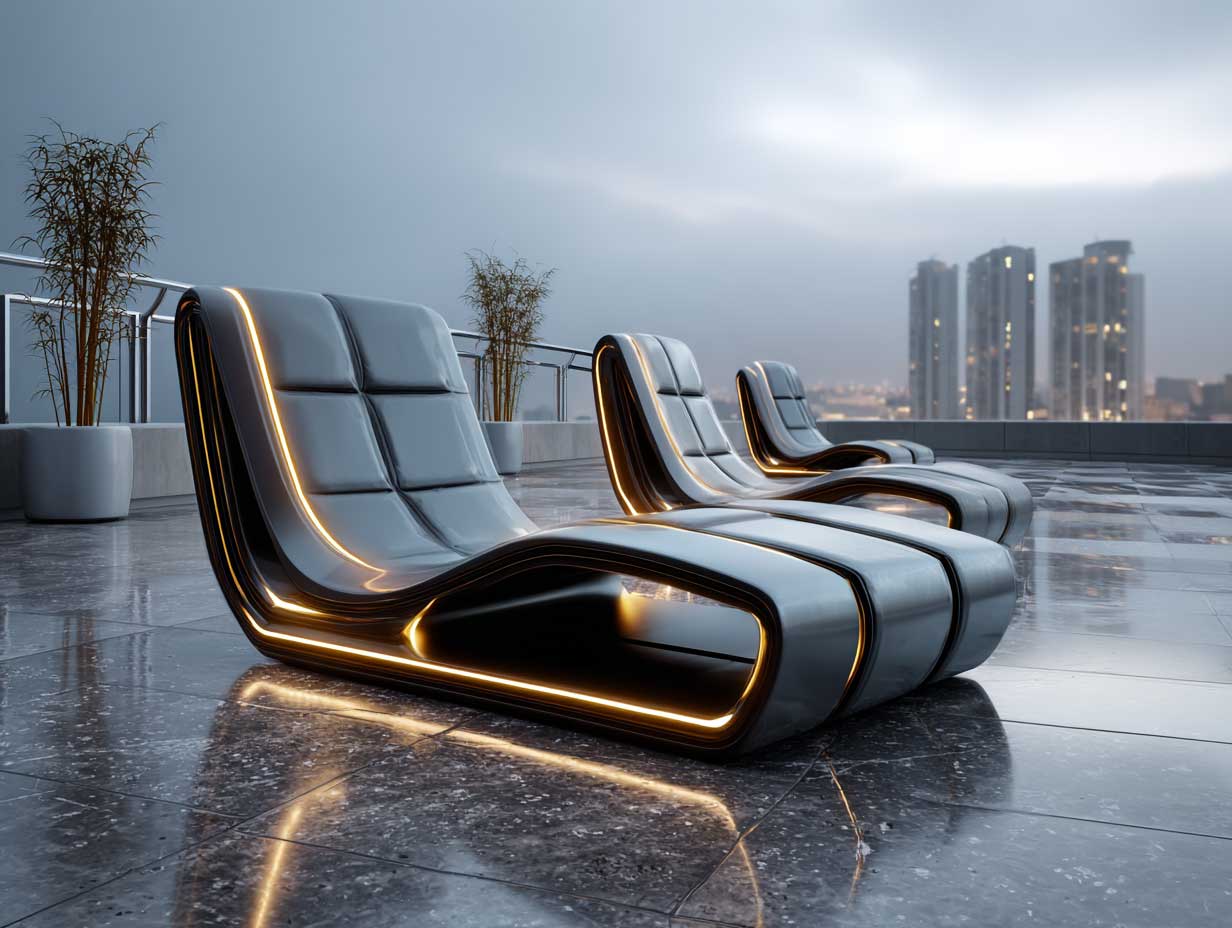 futuristic black patio furniture with glowing integrated LED lines, rooftop terrace setting, minimalist skyline backdrop, sleek aluminum frames, polished stone floor, cyberpunk aesthetic, twilight ambiance, high-resolution cinematic style, full-length view