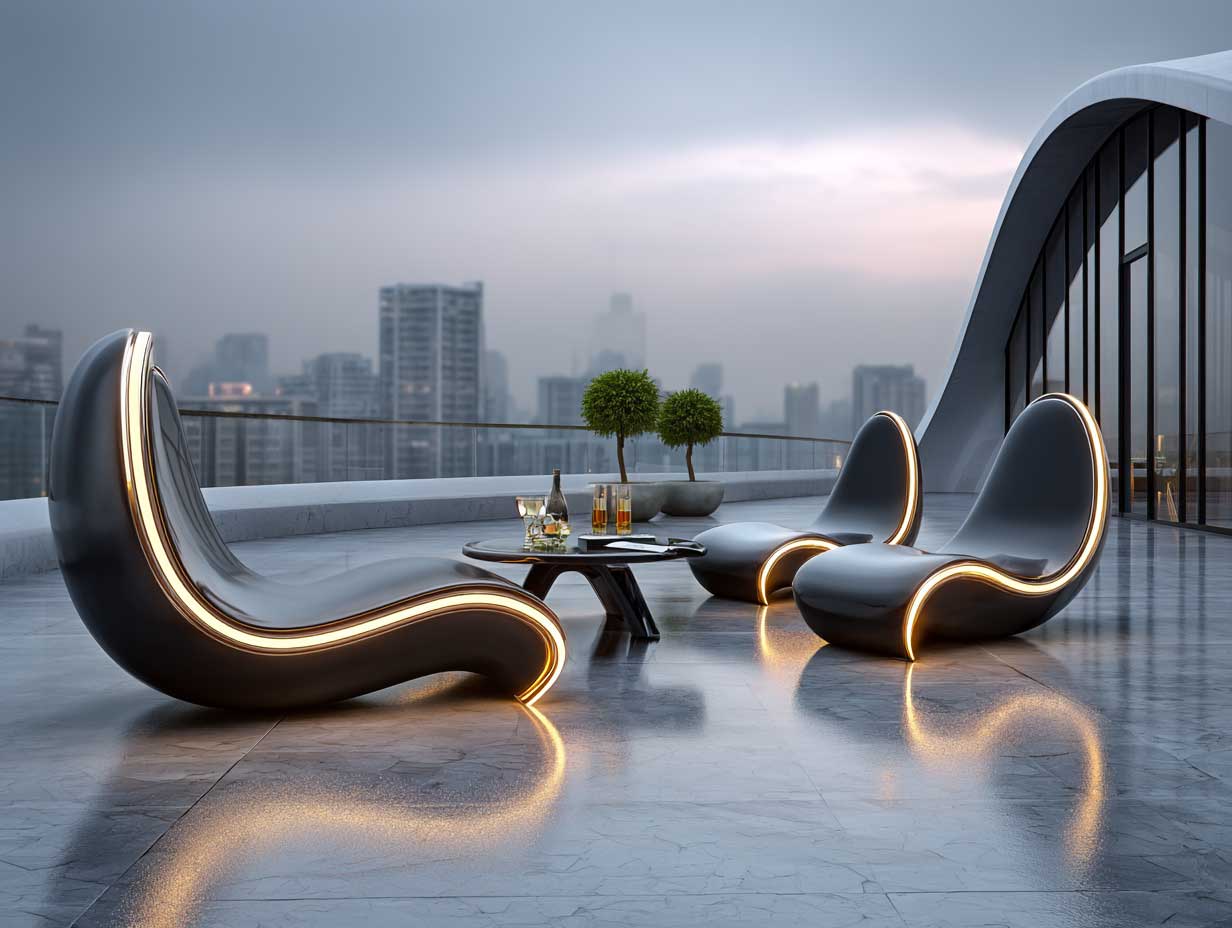 futuristic black patio furniture with glowing integrated LED lines, rooftop terrace setting, minimalist skyline backdrop, sleek aluminum frames, polished stone floor, cyberpunk aesthetic, twilight ambiance, high-resolution cinematic style, full-length view