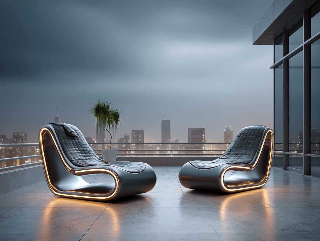 futuristic black patio furniture with glowing integrated LED lines, rooftop terrace setting, minimalist skyline backdrop, sleek aluminum frames, polished stone floor, cyberpunk aesthetic, twilight ambiance, high-resolution cinematic style, full-length view