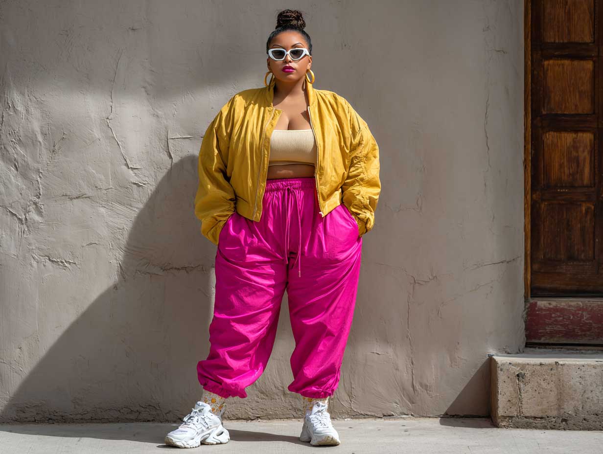 full length confident plus size female model wearing bright hot pink joggers and a mustard yellow crop windbreaker, chunky white sneakers, street style vibe, urban background, dynamic pose, 35mm lens look