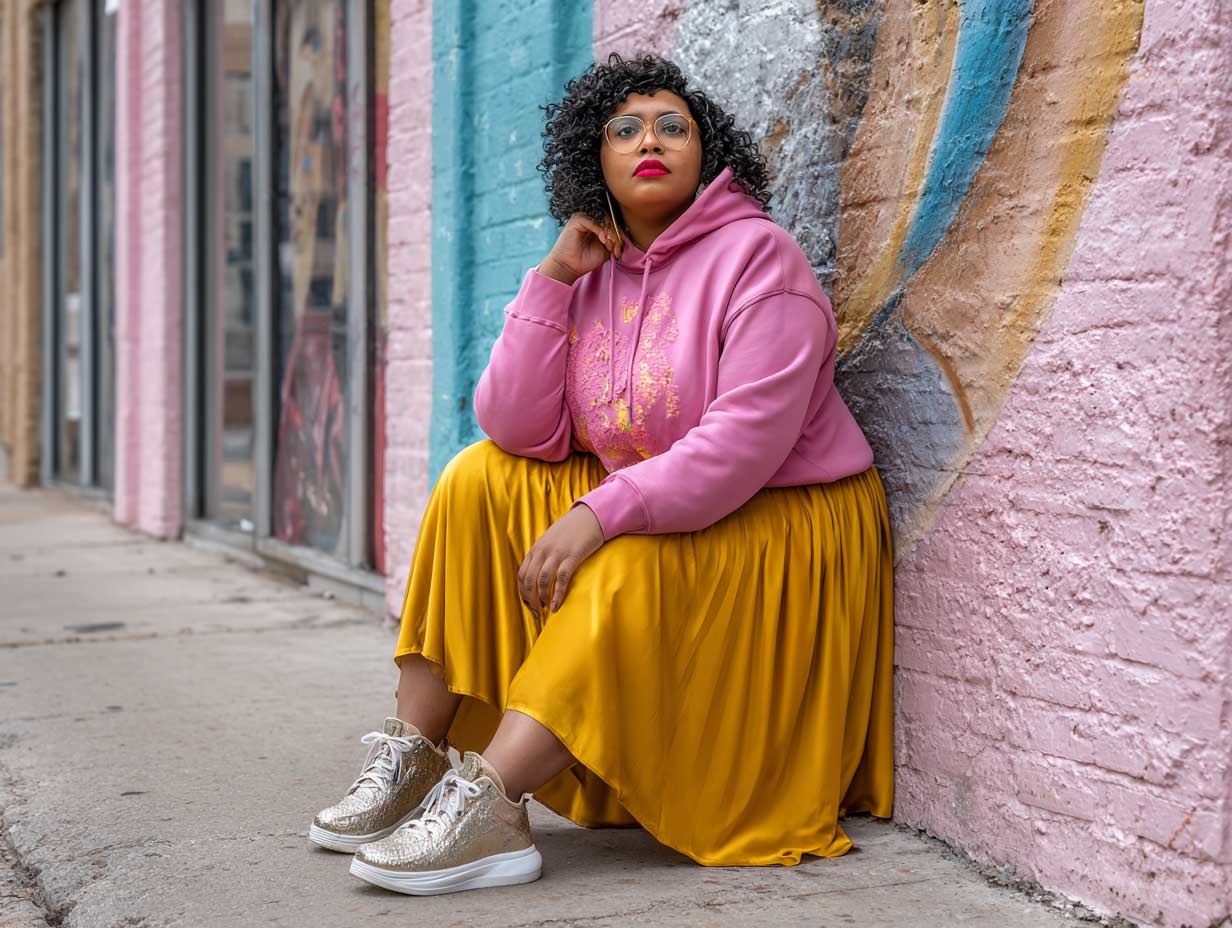 full length plus size female model in a mustard yellow flowy midi skirt and a hot pink graphic hoodie, casual sneakers, pastel mural background, candid moment, cinematic color grading