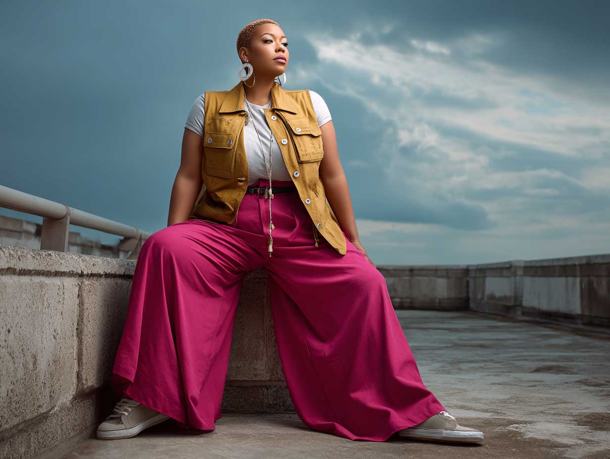 plus size fashion model full length in hot pink wide leg trousers and a mustard utility vest, layered over a white tee, rooftop scene, casual pose, moody sky, soft shadows