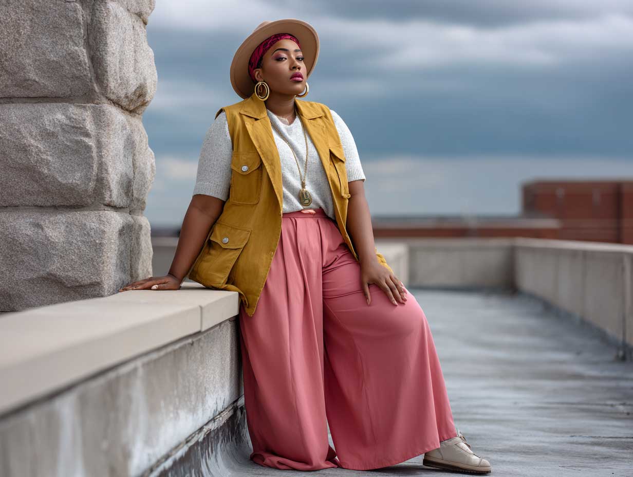 plus size fashion model full length in hot pink wide leg trousers and a mustard utility vest, layered over a white tee, rooftop scene, casual pose, moody sky, soft shadows