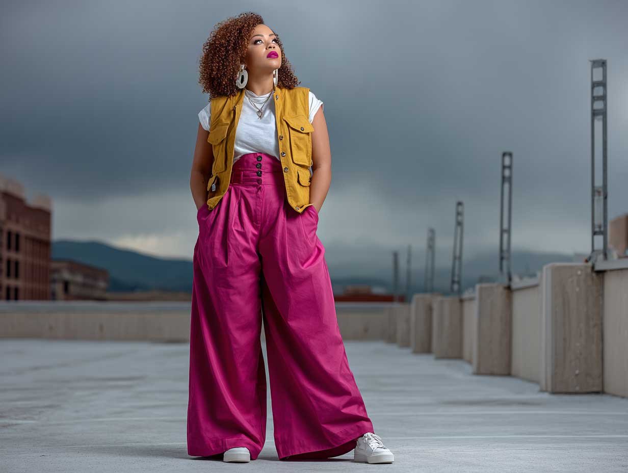 plus size fashion model full length in hot pink wide leg trousers and a mustard utility vest, layered over a white tee, rooftop scene, casual pose, moody sky, soft shadows