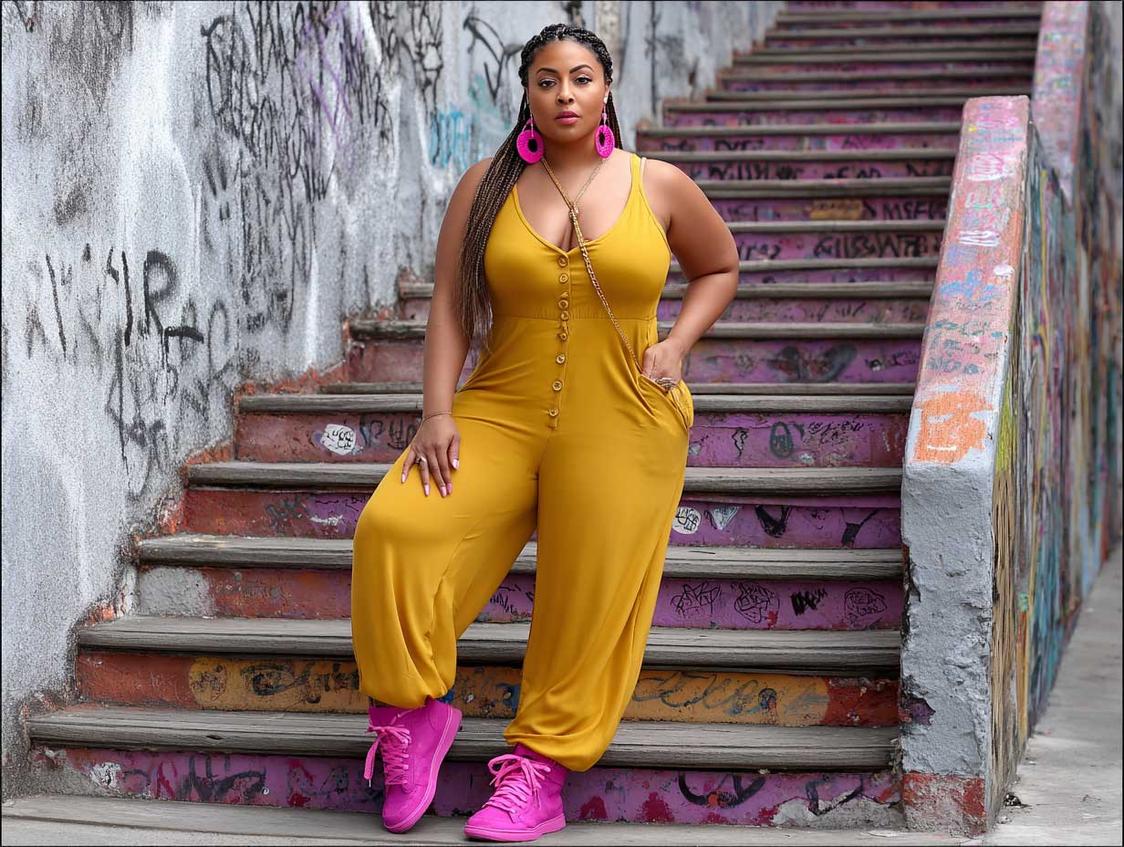 plus size female model in a mustard yellow fitted jumpsuit with hot pink high top sneakers, bold accessories, standing on graffiti-covered stairs, full body shot, sunny weather