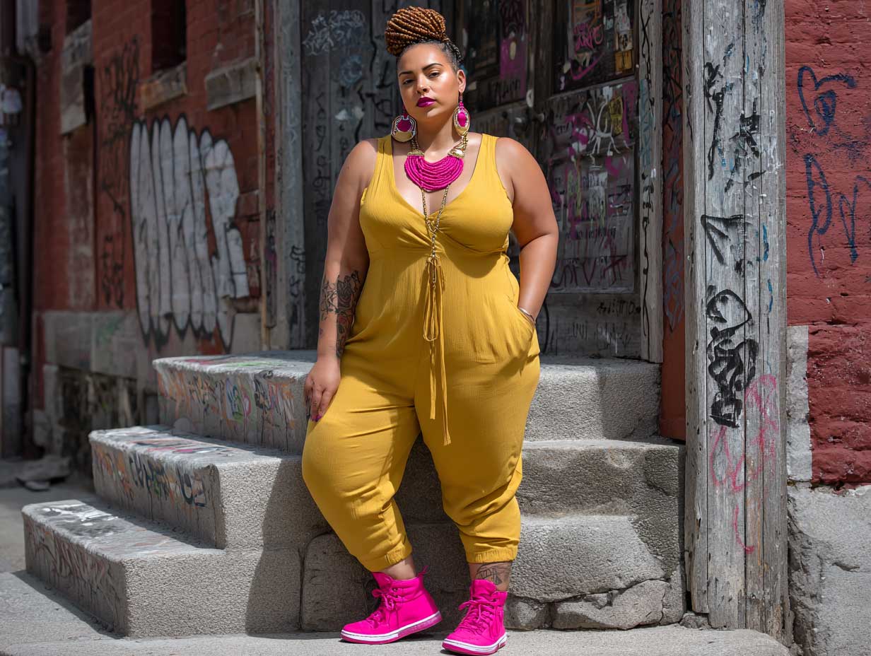 plus size female model in a mustard yellow fitted jumpsuit with hot pink high top sneakers, bold accessories, standing on graffiti-covered stairs, full body shot, sunny weather