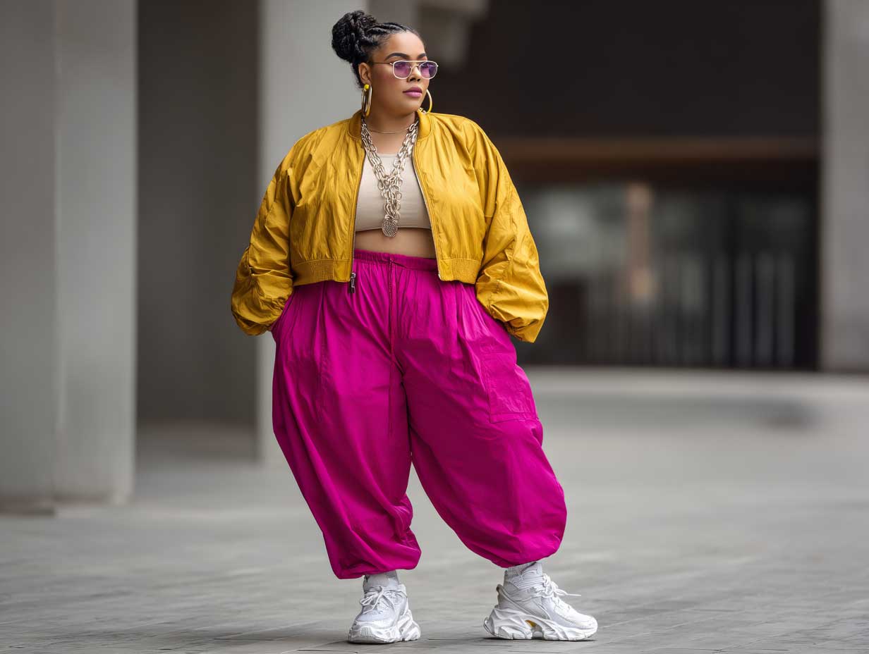 full length confident plus size female model wearing bright hot pink joggers and a mustard yellow crop windbreaker, chunky white sneakers, street style vibe, urban background, dynamic pose, 35mm lens look