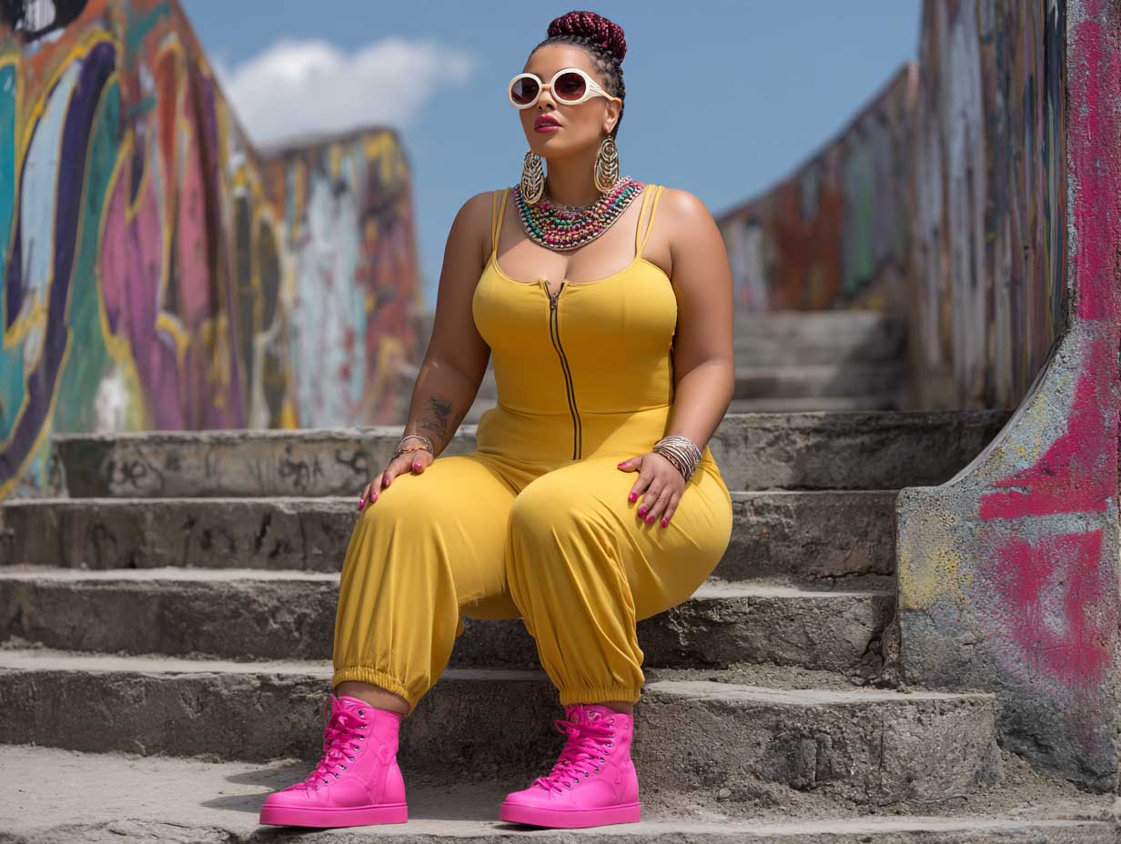 plus size female model in a mustard yellow fitted jumpsuit with hot pink high top sneakers, bold accessories, standing on graffiti-covered stairs, full body shot, sunny weather