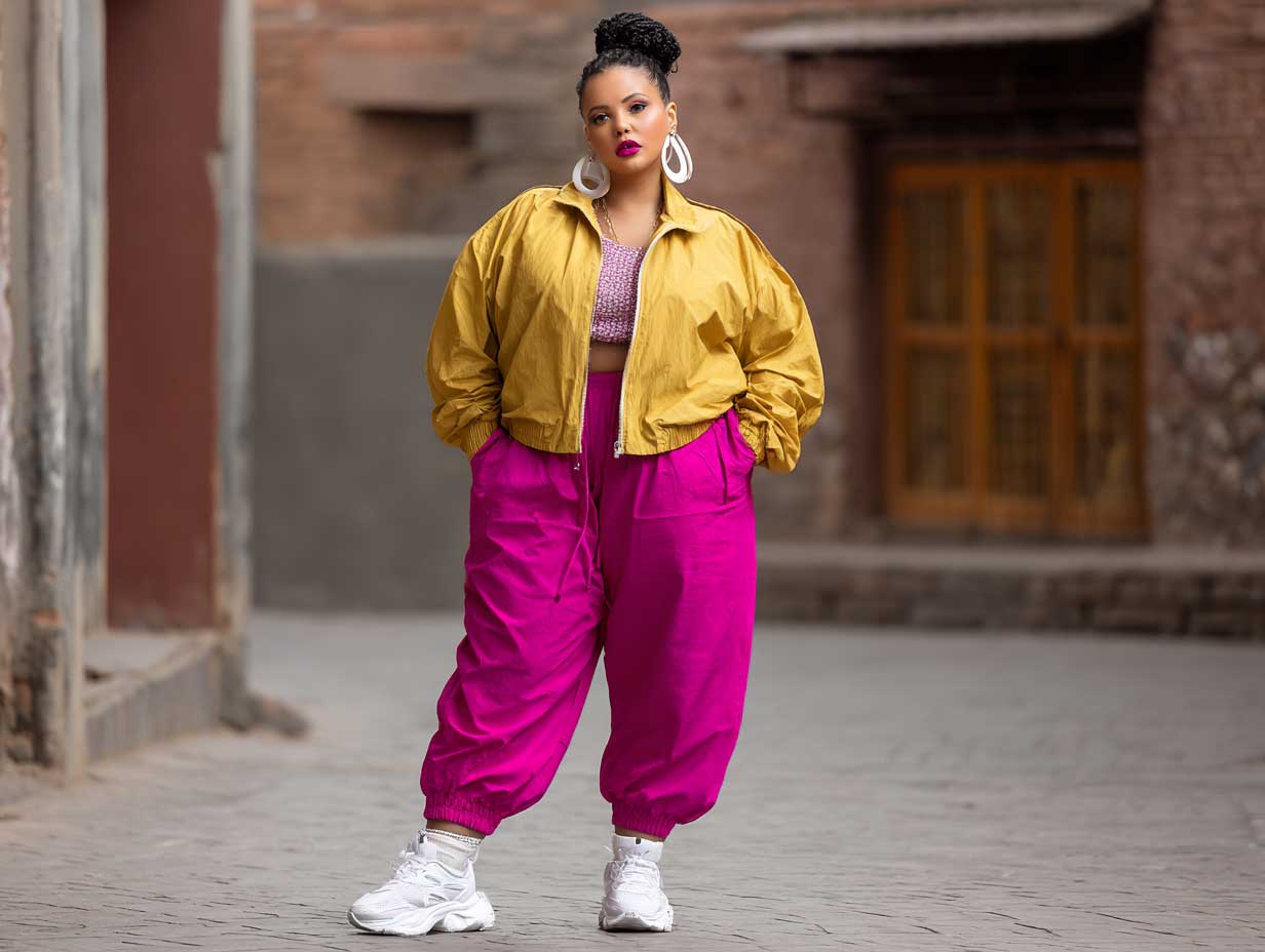 full length confident plus size female model wearing bright hot pink joggers and a mustard yellow crop windbreaker, chunky white sneakers, street style vibe, urban background, dynamic pose, 35mm lens look