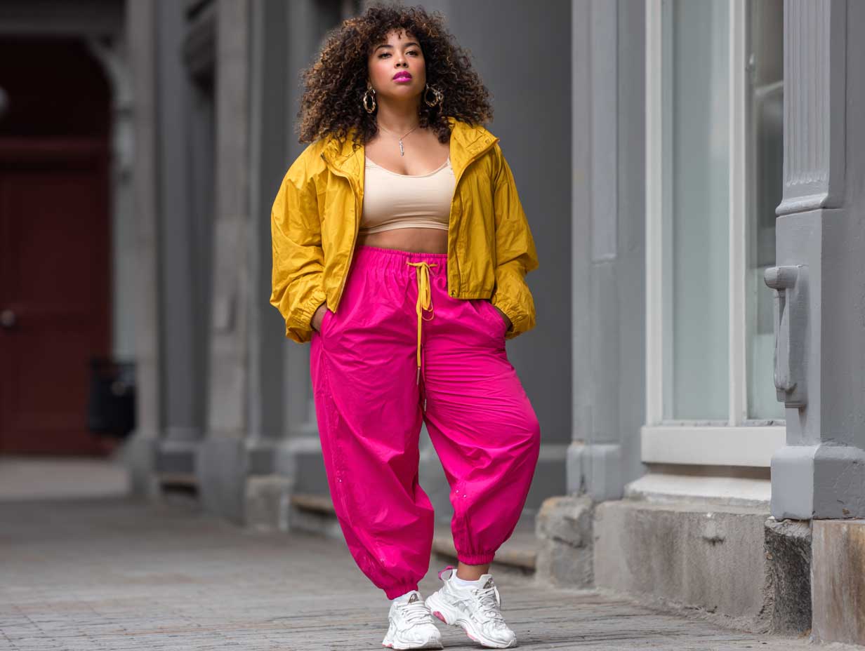 full length confident plus size female model wearing bright hot pink joggers and a mustard yellow crop windbreaker, chunky white sneakers, street style vibe, urban background, dynamic pose, 35mm lens look