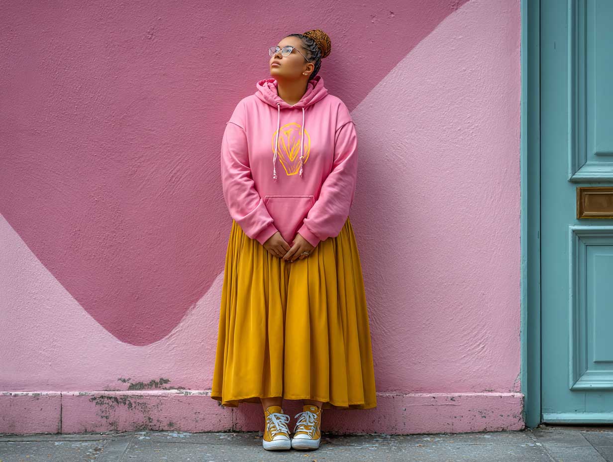 full length plus size female model in a mustard yellow flowy midi skirt and a hot pink graphic hoodie, casual sneakers, pastel mural background, candid moment, cinematic color grading