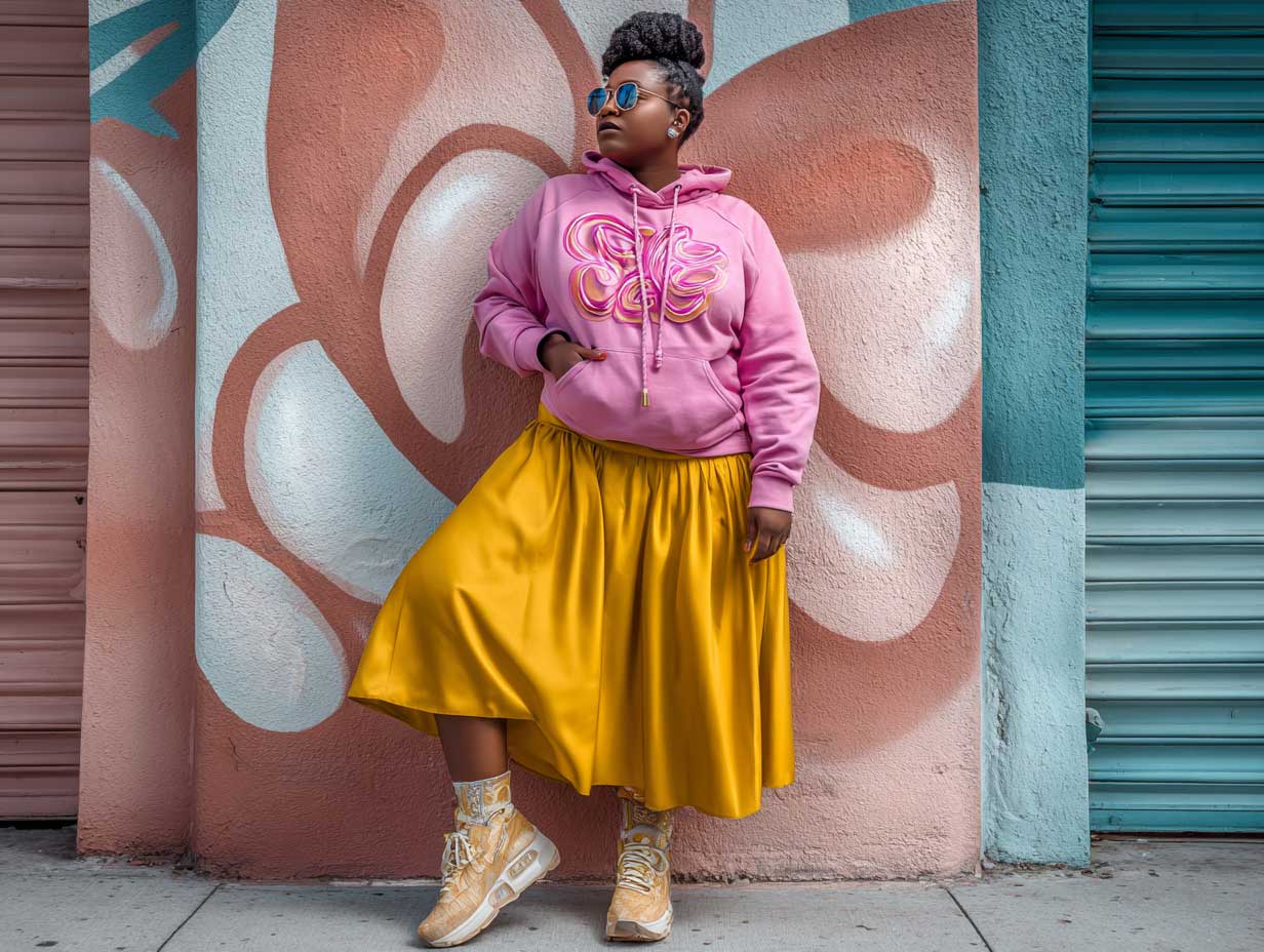 full length plus size female model in a mustard yellow flowy midi skirt and a hot pink graphic hoodie, casual sneakers, pastel mural background, candid moment, cinematic color grading