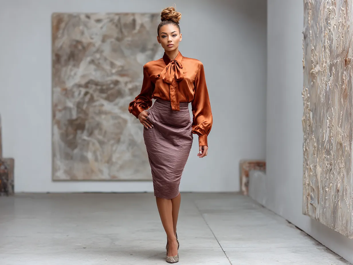 full length female supermodel wearing burnt orange satin shirt tucked into fitted plum pencil skirt, snakeskin high heels, messy top knot hairstyle, studio lit with abstract backdrop, upright walking pose