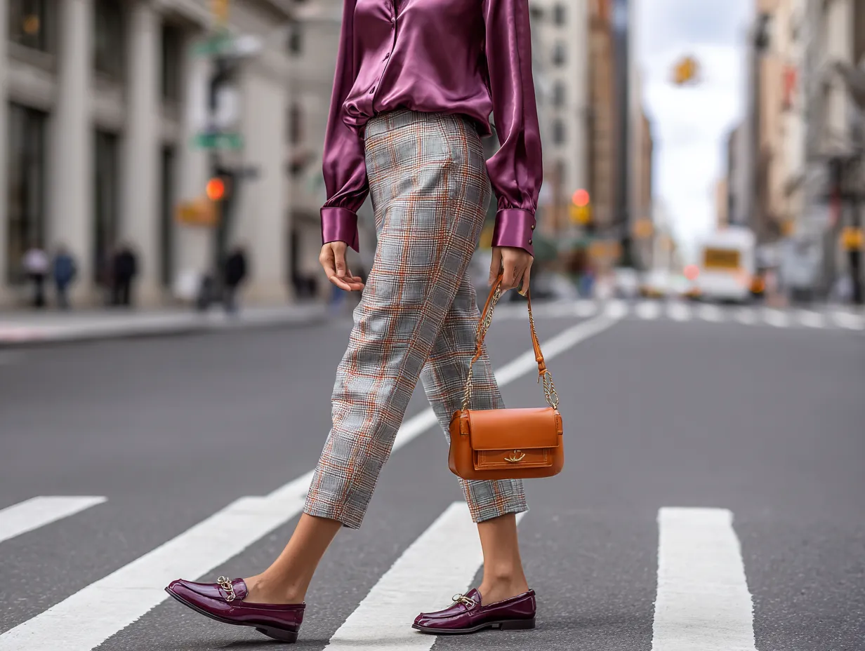 full length female supermodel wearing plum satin shirt with cropped plaid trousers in orange and grey tones, plum leather loafers, minimalist shoulder bag, city crosswalk scene, daytime ambient light, striding forward