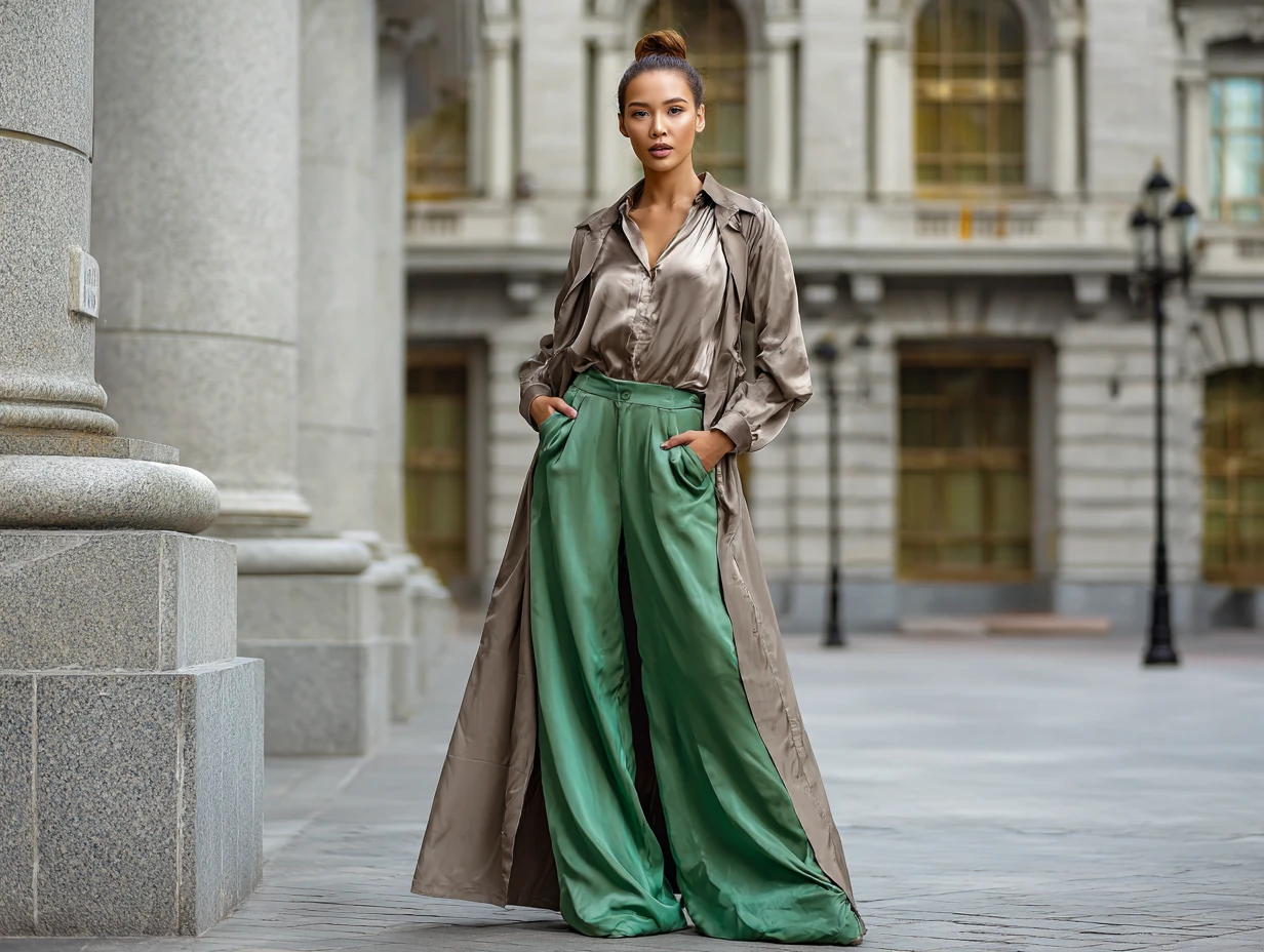 full length female supermodel wearing taupe satin shirt with emerald palazzo pants, taupe trench coat flowing open, low bun hairstyle, soft ambient lighting, upscale city plaza, strong upright pose