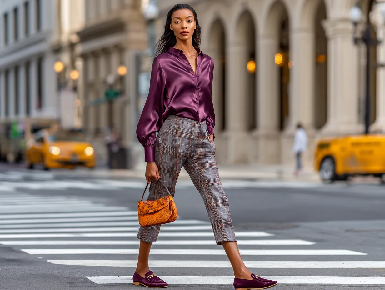 full length female supermodel wearing plum satin shirt with cropped plaid trousers in orange and grey tones, plum leather loafers, minimalist shoulder bag, city crosswalk scene, daytime ambient light, striding forward