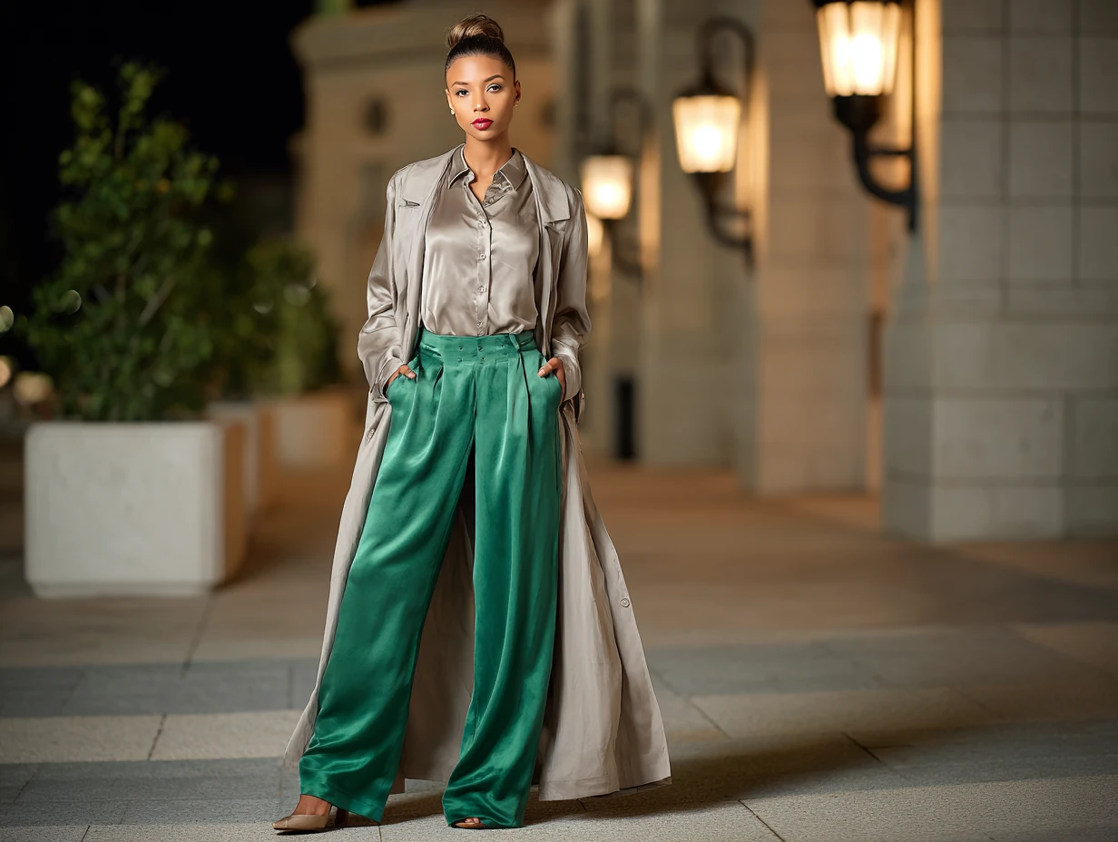 full length female supermodel wearing taupe satin shirt with emerald palazzo pants, taupe trench coat flowing open, low bun hairstyle, soft ambient lighting, upscale city plaza, strong upright pose