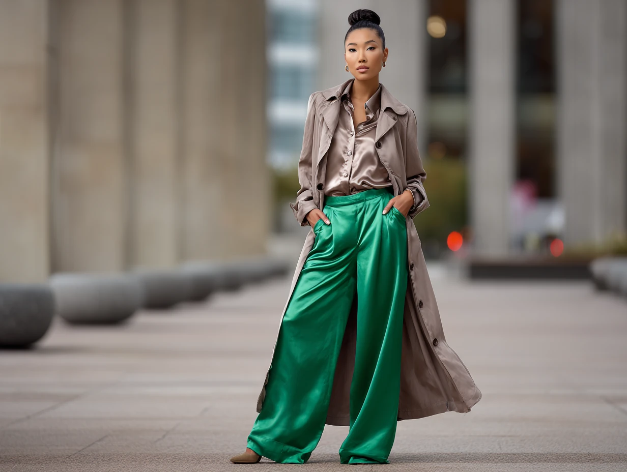 full length female supermodel wearing taupe satin shirt with emerald palazzo pants, taupe trench coat flowing open, low bun hairstyle, soft ambient lighting, upscale city plaza, strong upright pose