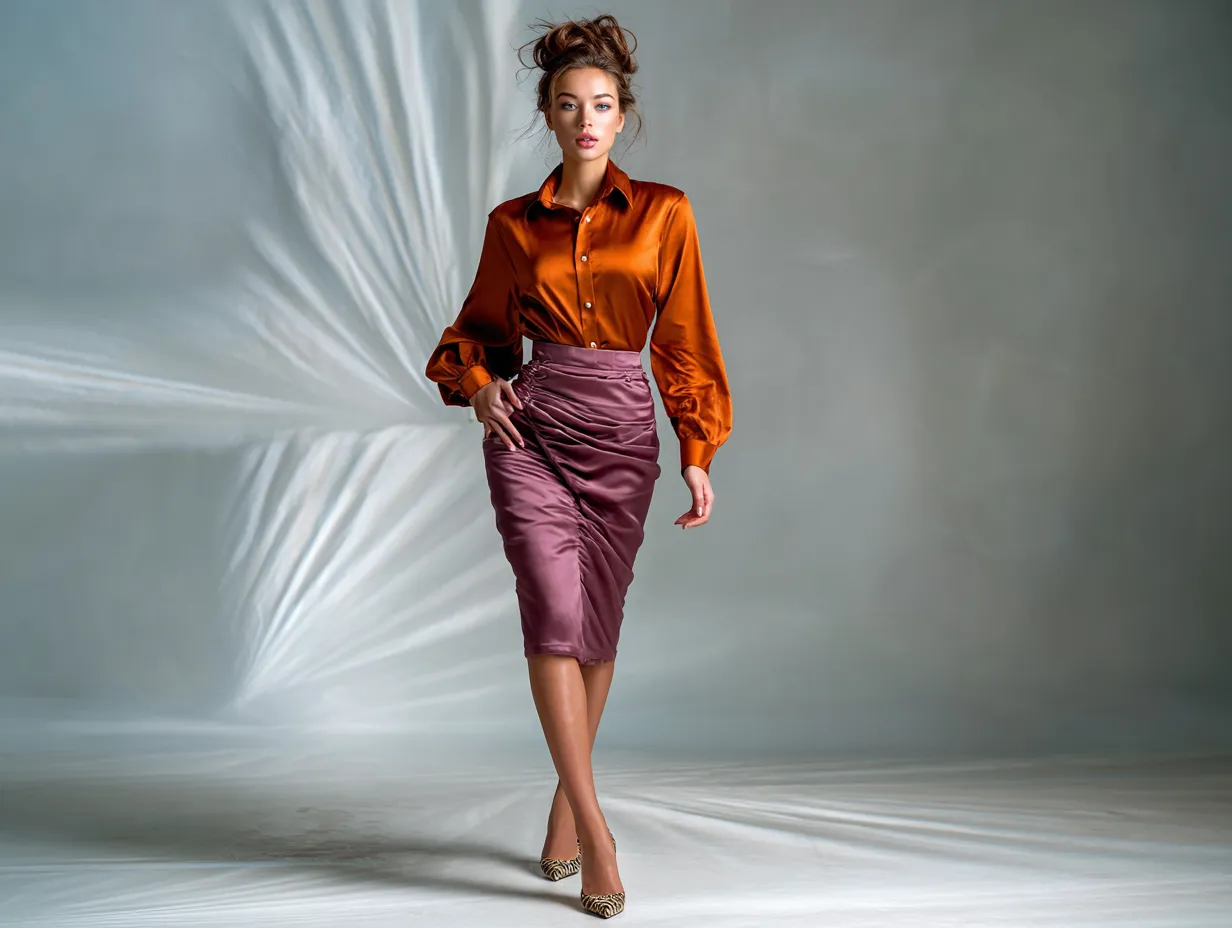full length female supermodel wearing burnt orange satin shirt tucked into fitted plum pencil skirt, snakeskin high heels, messy top knot hairstyle, studio lit with abstract backdrop, upright walking pose