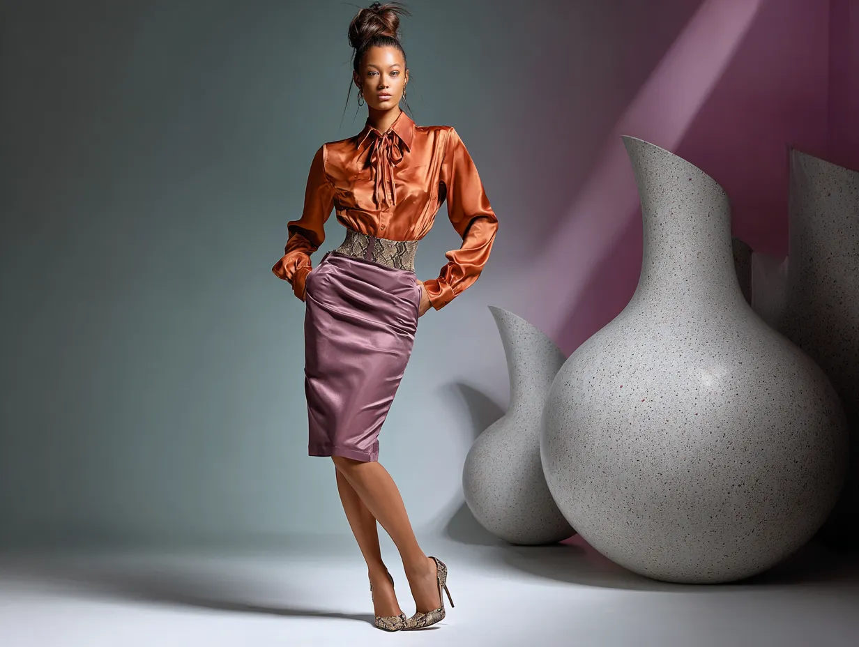 full length female supermodel wearing burnt orange satin shirt tucked into fitted plum pencil skirt, snakeskin high heels, messy top knot hairstyle, studio lit with abstract backdrop, upright walking pose
