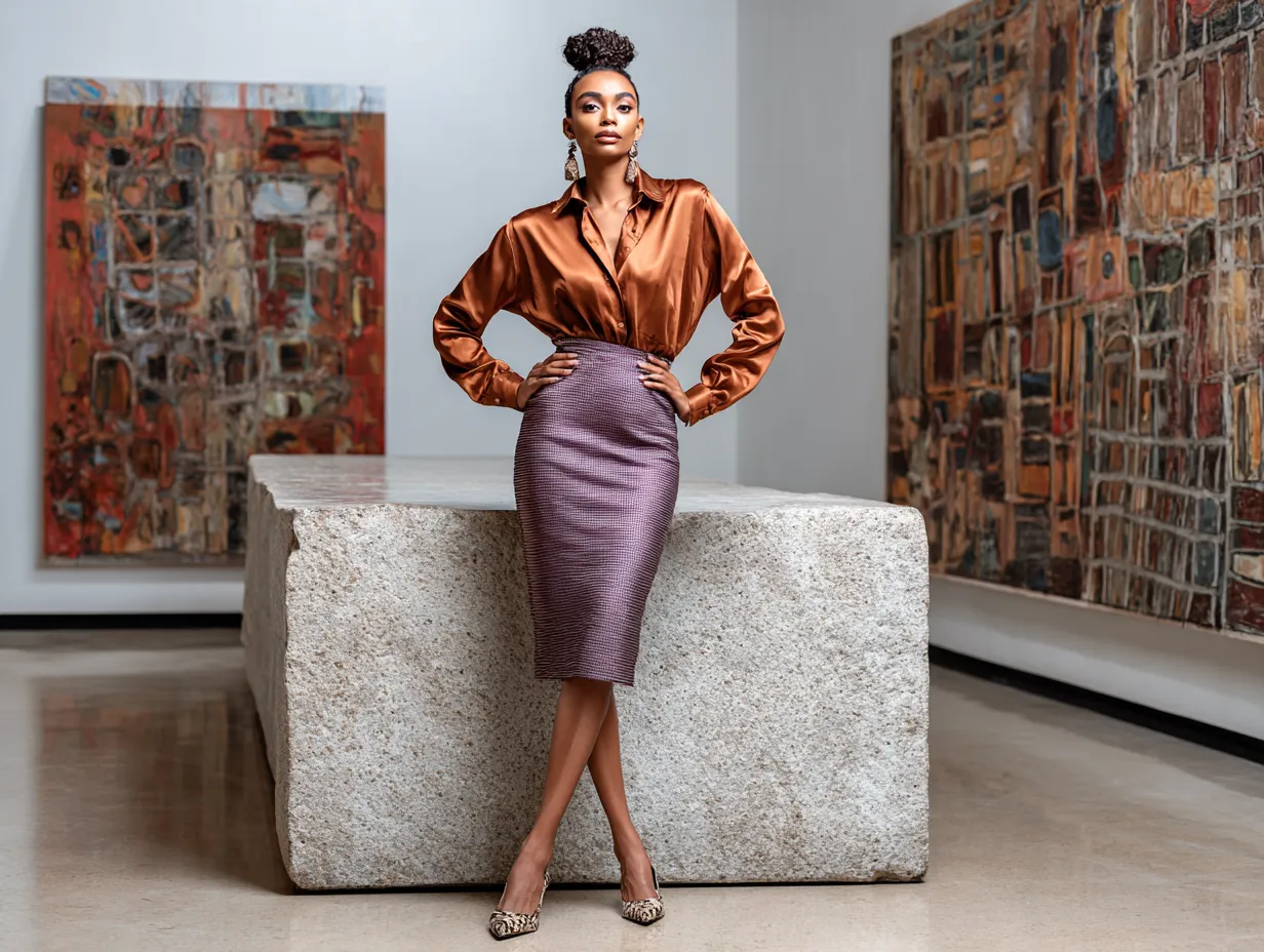 full length female supermodel wearing burnt orange satin shirt tucked into fitted plum pencil skirt, snakeskin high heels, messy top knot hairstyle, studio lit with abstract backdrop, upright walking pose