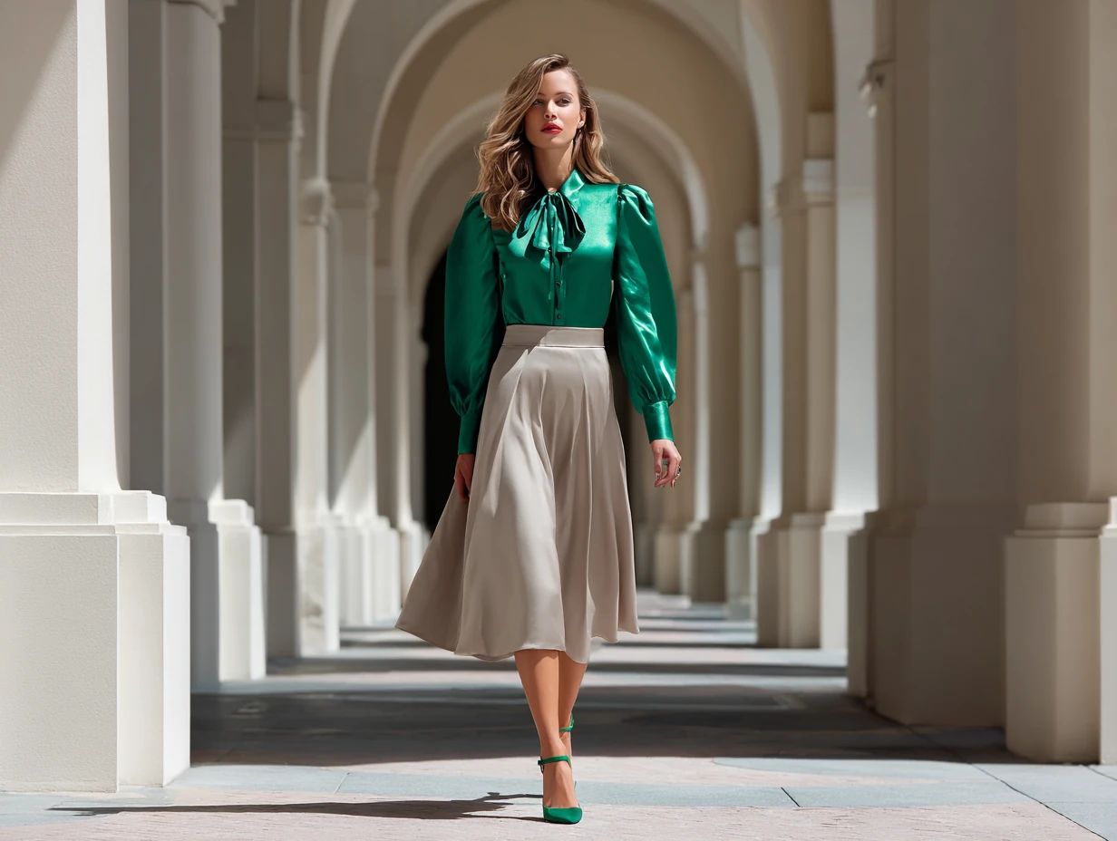 full length female supermodel wearing emerald satin shirt tucked into a taupe A-line midi skirt, emerald ankle strap heels, soft wavy hairstyle, walking in front of architectural arches, natural daylight