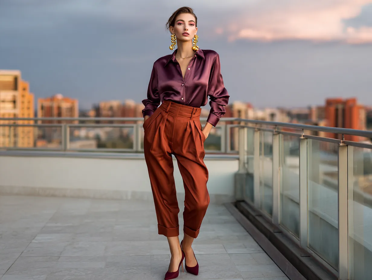 full length female supermodel wearing plum satin shirt tucked into pleated rust trousers, burgundy slingback heels, gold hoop earrings, styled on terracotta-toned urban rooftop at golden hour, confident walking pose