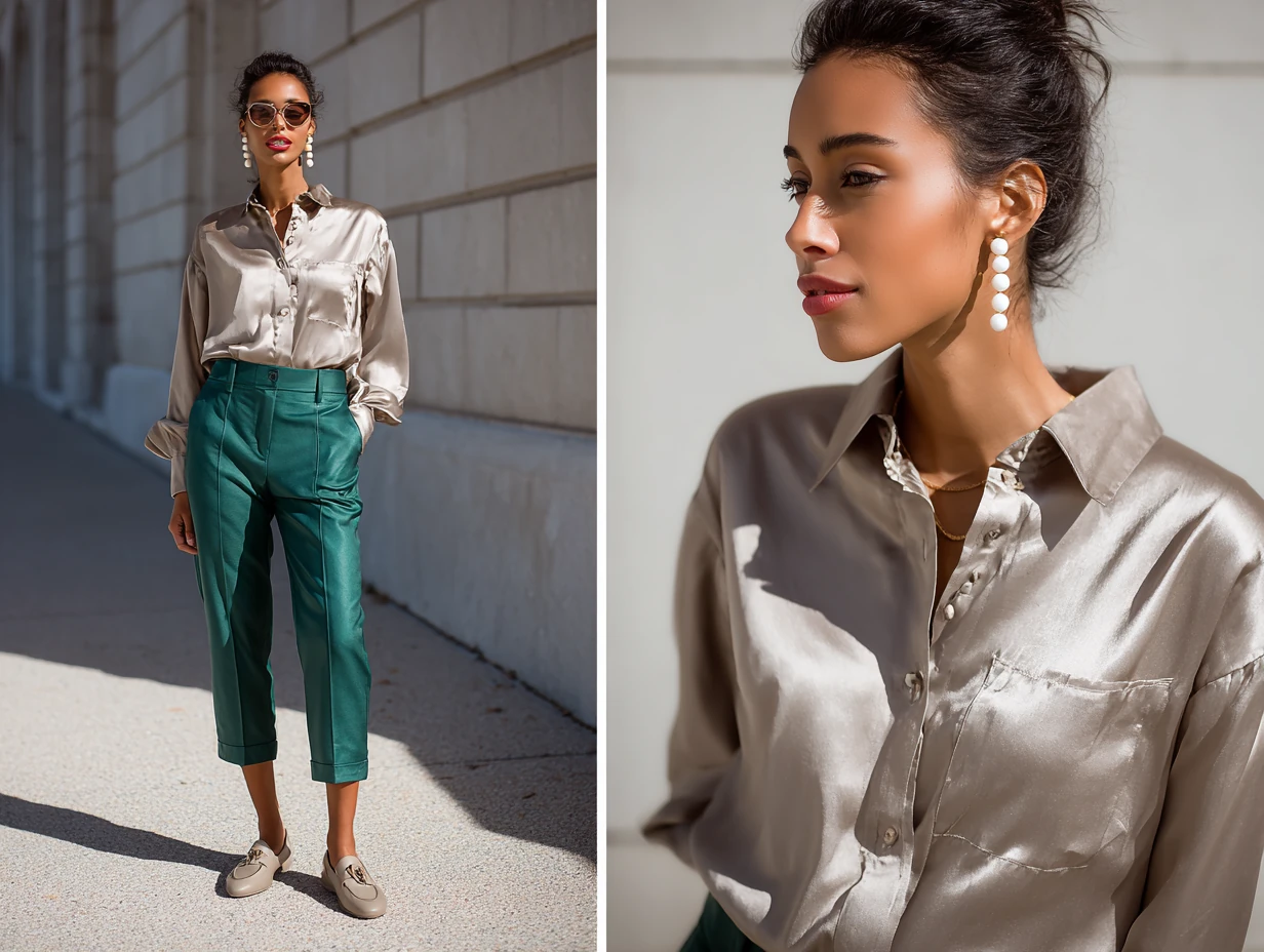full length female supermodel wearing taupe satin shirt tucked into emerald cigarette pants, taupe leather loafers, pearl stud earrings, minimal background, sharp daylight, upright city stride 