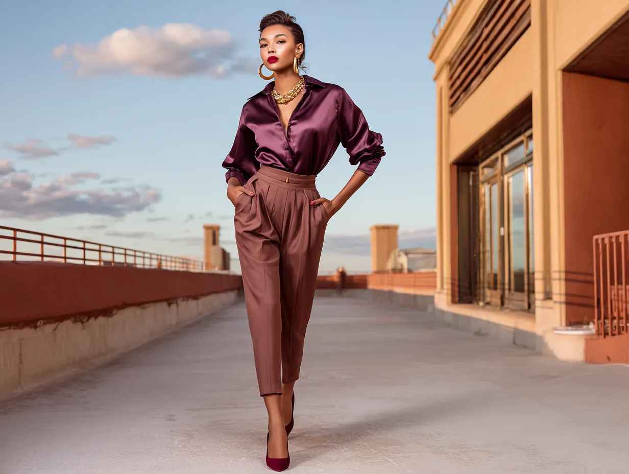 full length female supermodel wearing plum satin shirt tucked into pleated rust trousers, burgundy slingback heels, gold hoop earrings, styled on terracotta-toned urban rooftop at golden hour, confident walking pose