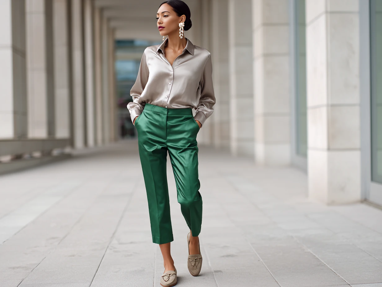 full length female supermodel wearing taupe satin shirt tucked into emerald cigarette pants, taupe leather loafers, pearl stud earrings, minimal background, sharp daylight, upright city stride 