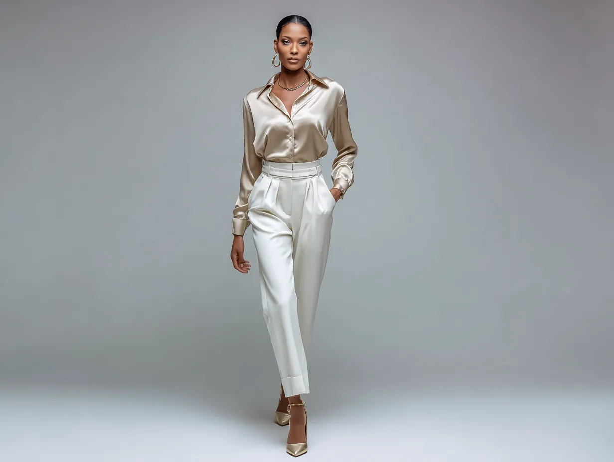 full length female supermodel wearing champagne satin shirt tucked into high waist cream trousers, paired with metallic gold heels, minimal jewelry, studio lighting, walking pose, neutral background, elegant modern look