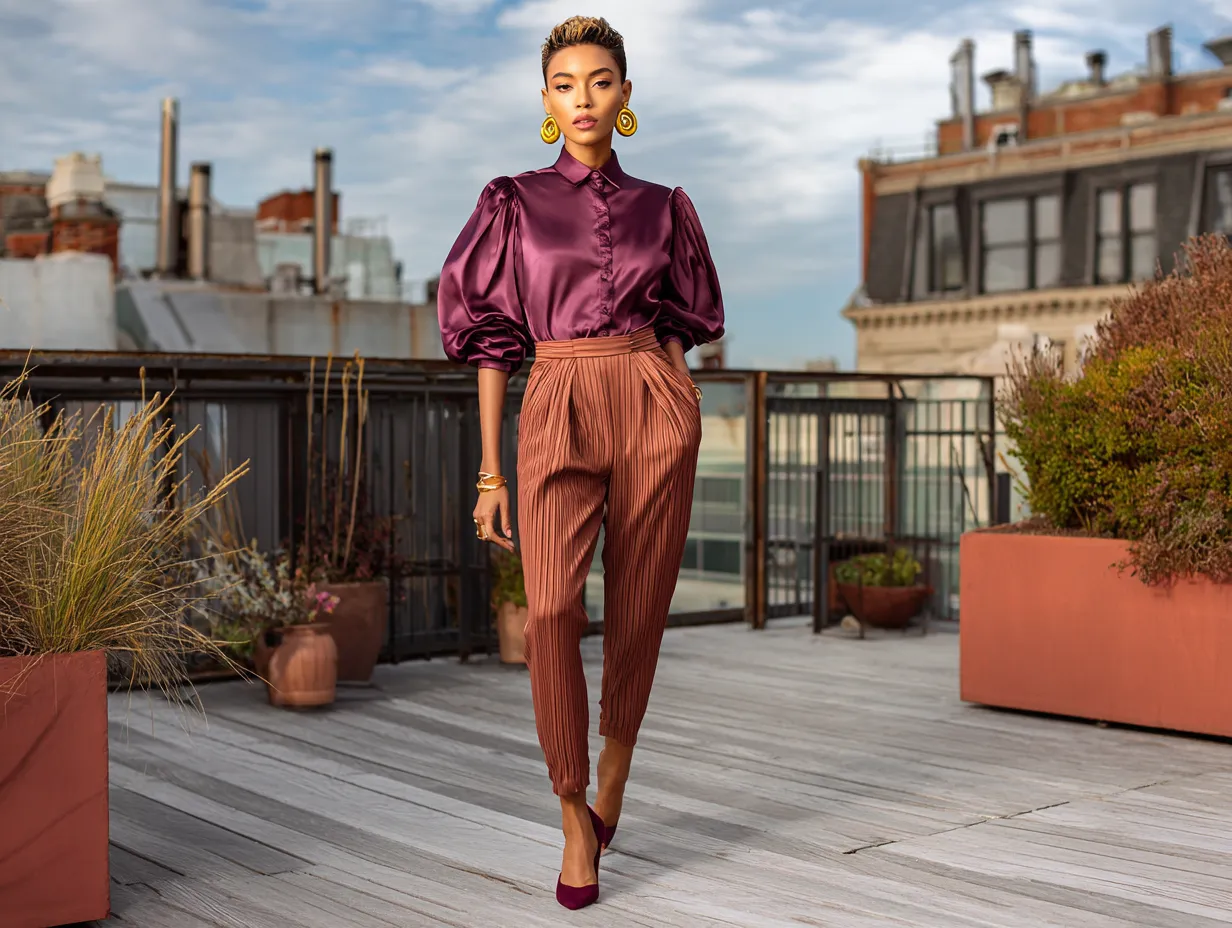 full length female supermodel wearing plum satin shirt tucked into pleated rust trousers, burgundy slingback heels, gold hoop earrings, styled on terracotta-toned urban rooftop at golden hour, confident walking pose