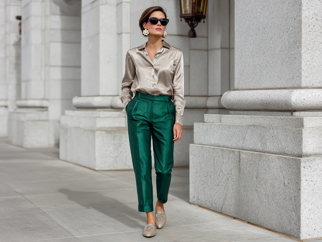 full length female supermodel wearing taupe satin shirt tucked into emerald cigarette pants, taupe leather loafers, pearl stud earrings, minimal background, sharp daylight, upright city stride 