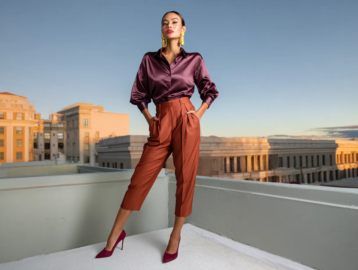 full length female supermodel wearing plum satin shirt tucked into pleated rust trousers, burgundy slingback heels, gold hoop earrings, styled on terracotta-toned urban rooftop at golden hour, confident walking pose