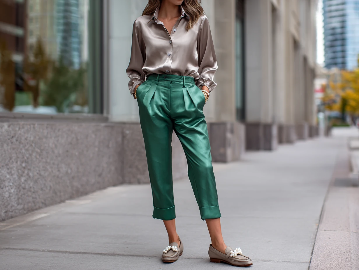 full length female supermodel wearing taupe satin shirt tucked into emerald cigarette pants, taupe leather loafers, pearl stud earrings, minimal background, sharp daylight, upright city stride 