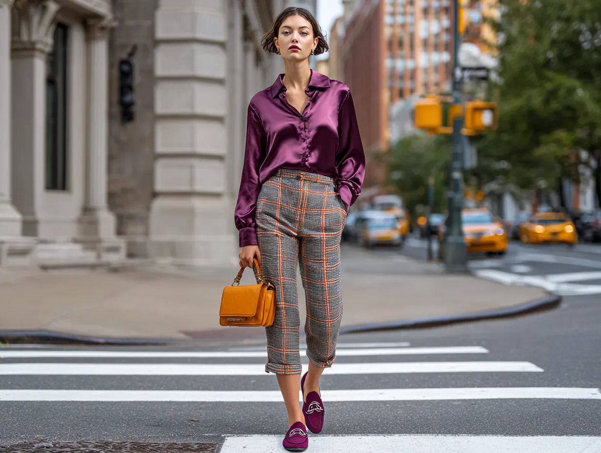 full length female supermodel wearing plum satin shirt with cropped plaid trousers in orange and grey tones, plum leather loafers, minimalist shoulder bag, city crosswalk scene, daytime ambient light, striding forward