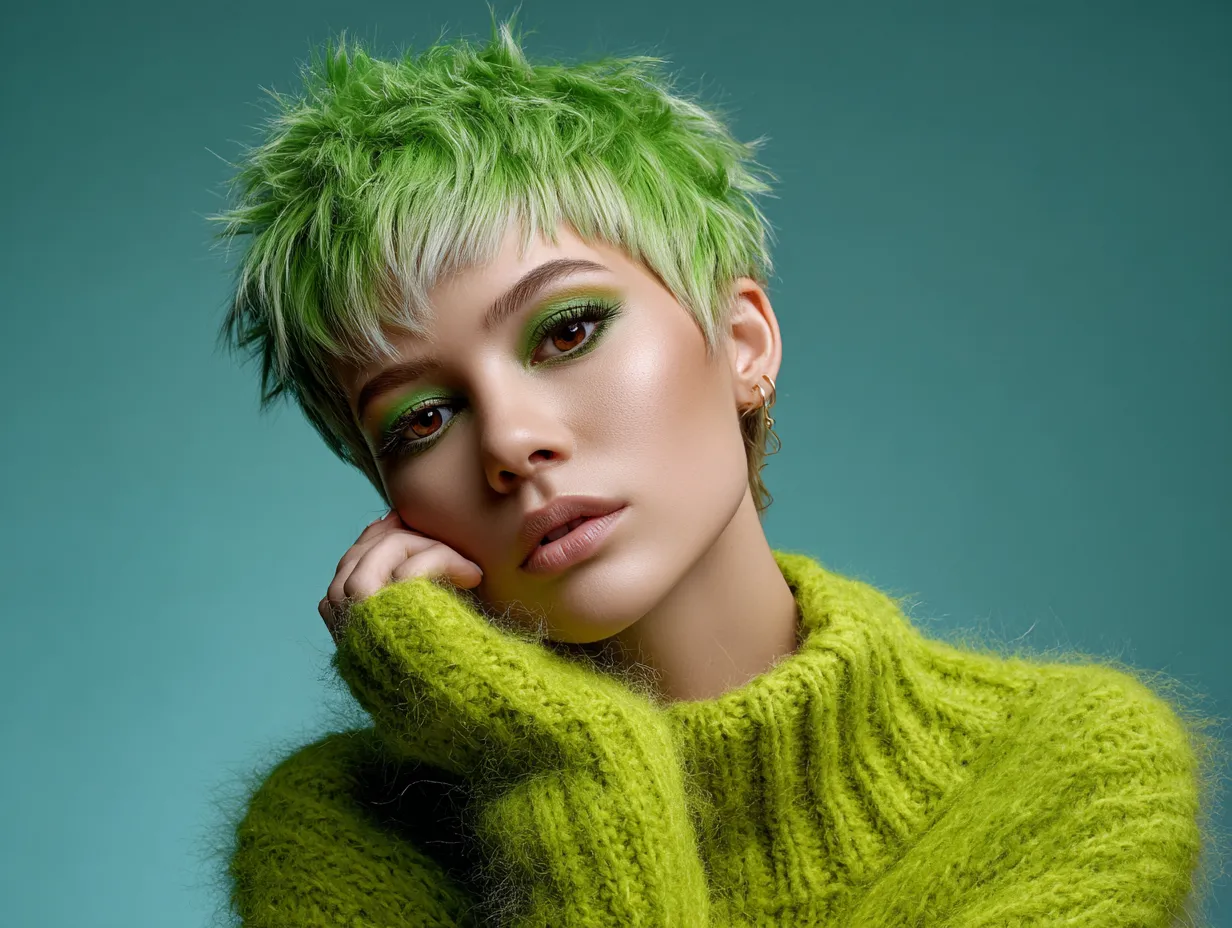 Shaggy Pixie Cut in Lime Green with Wispy Asymmetrical Fringe - 3