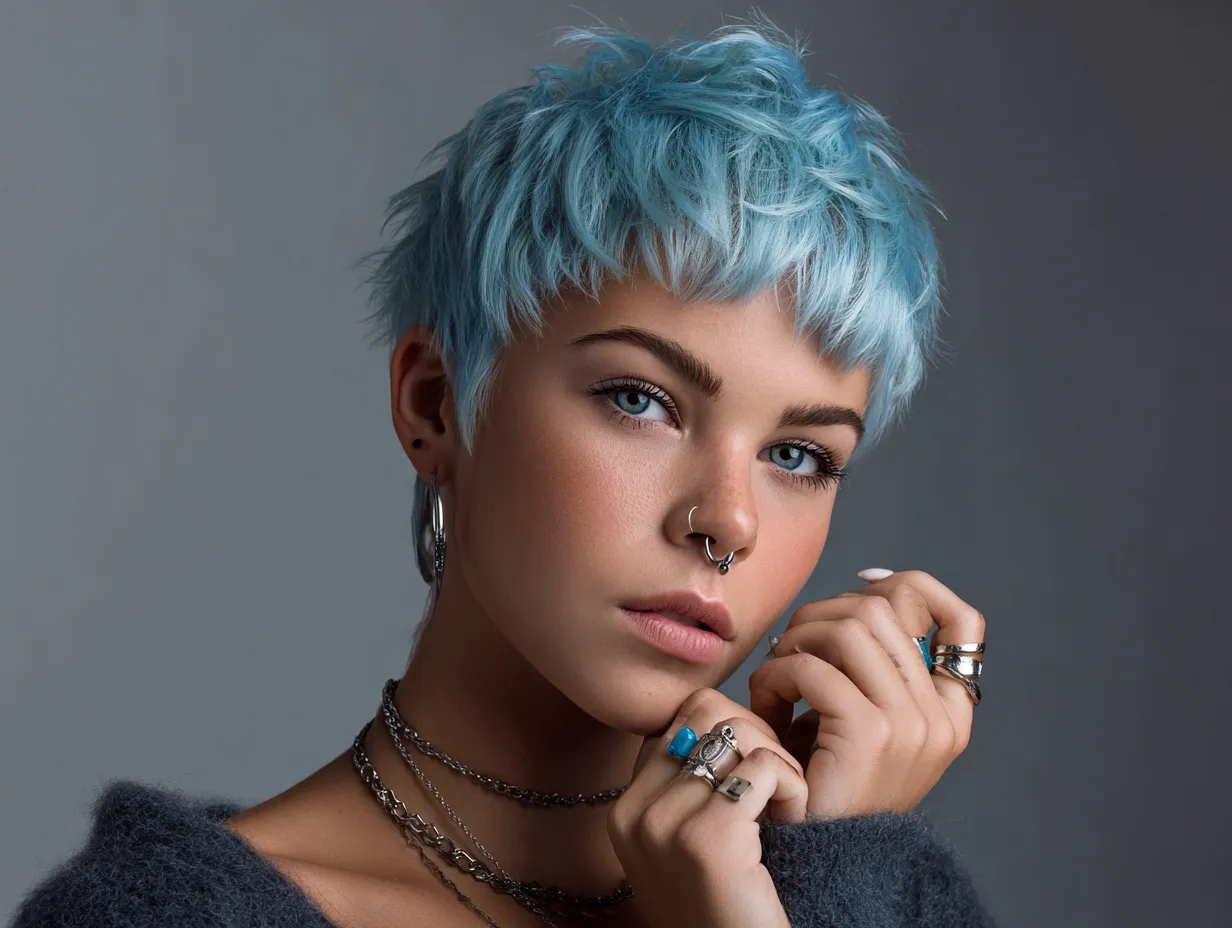 Shaggy Pixie Cut in Sky Blue with Cropped Crown Volume - 3